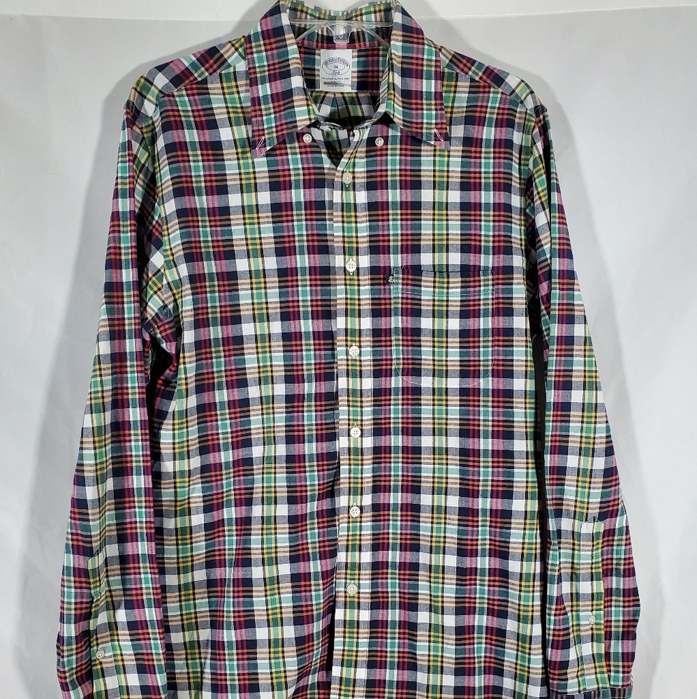BROOKS BROTHERS 346 SLIM FIT GREEN RED YELLOW PLAID LONG SLEEVE SHIRT